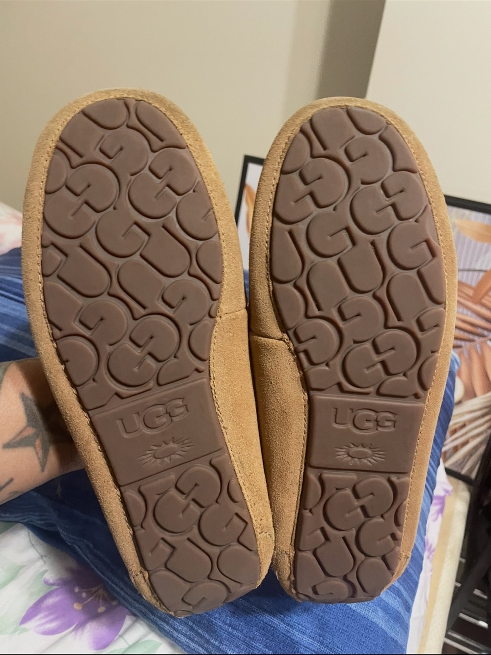 UGG Chestnut/Tan Suede Shearling Moccasin Slippers - Picture 4 of 5